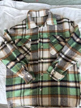 Plaid Button-Front Shacket in Green and Cream